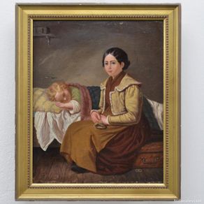 Arte: 1858 Swedish Oil Painting Tender Family Scene Mother and Sleeping Child Framed